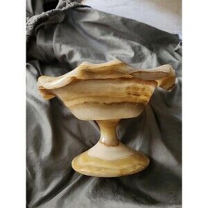 Vintage Mid-Century Yellow Cream Onyx Pedestal Bowl 5.6" Carved Stone Decor